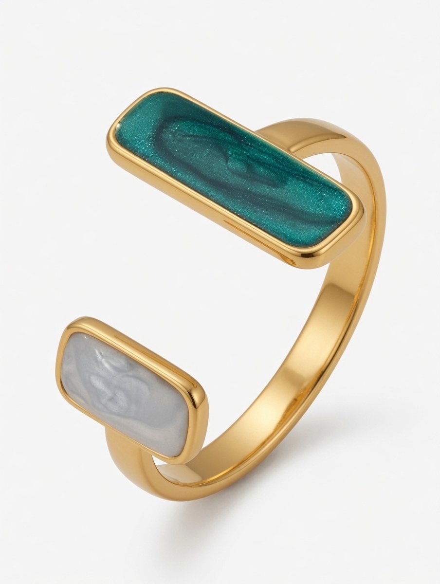 Groen & Wit Gelegde Marmer Open Goudkleurige Ring - 316L - RVS - Waterproof - Unisex