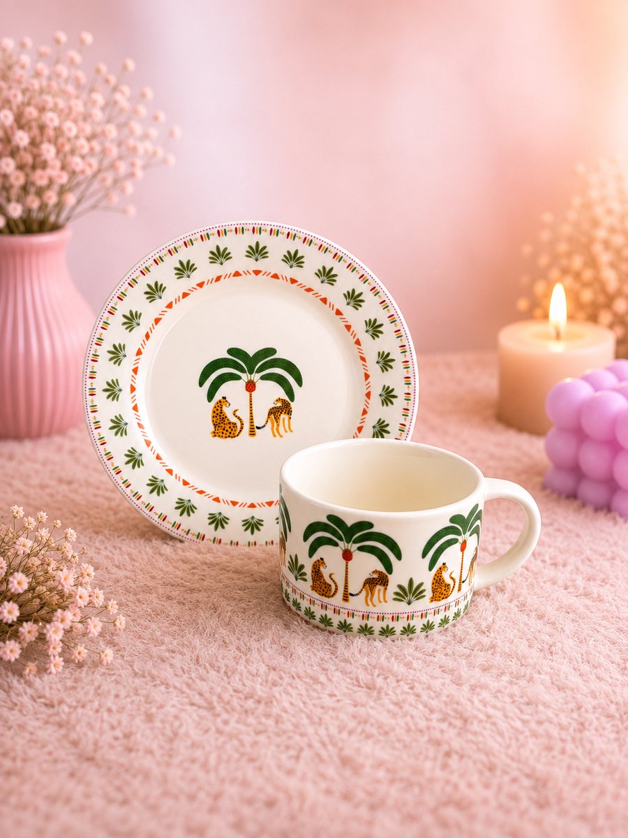 Safari Sips Set | Viva Femme | Koffie-/theemok met gebaksbord | Servies | Kop en schotel | Decoratie | Cadeau | Wonen | Vrolijk | Zomer | Koffie | Thee | Moederdag