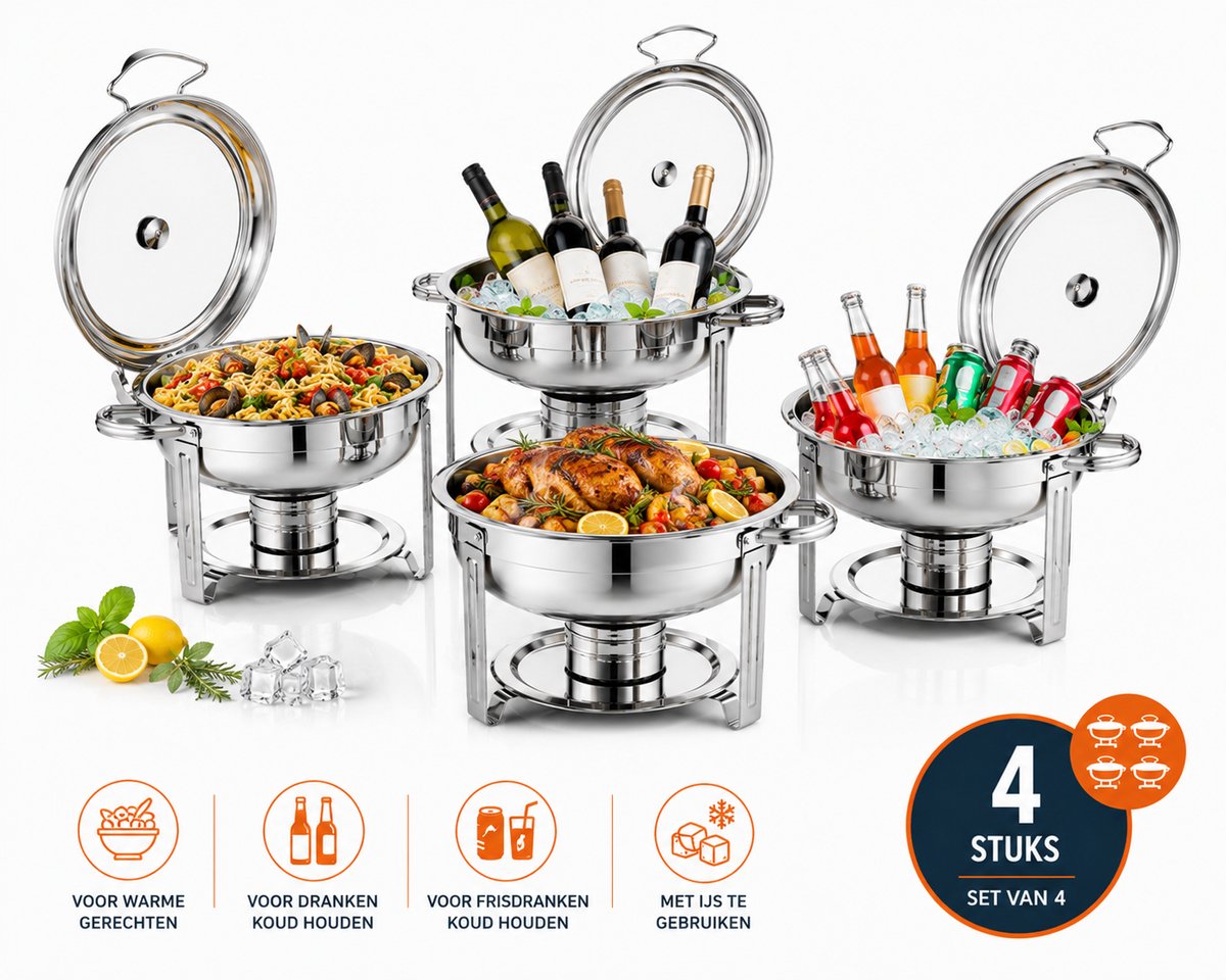 Jurrys Pannenset - chafing dish set - Warmhoudschalen - Buffetpan - 4 stuks - Met deksel - Stapelbaar - Rond - Roestvrijstaal - Zilver