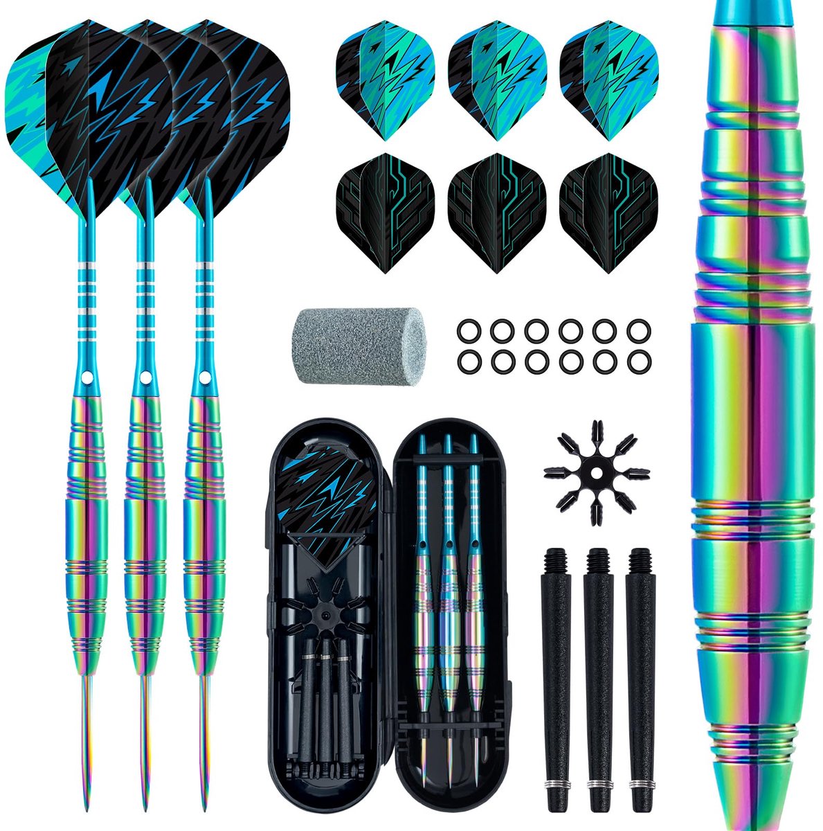SnelShoppen - 24g Stalen Tip Darts Set van 3 met 6 Vluchten, 3 Aluminium Schachten, Puntenslijper en O-ringen voor Professioneel Darts Spel met Darts