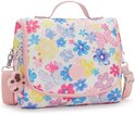 Witte tas met een bloemenprint in roze, blauw, geel en paars, roze randen en hengsel.