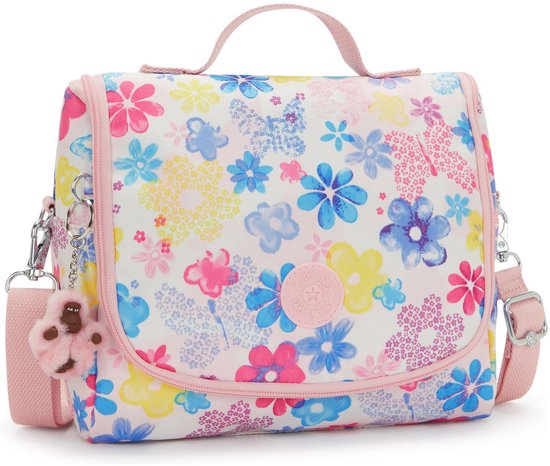 Witte tas met een bloemenprint in roze, blauw, geel en paars, roze randen en hengsel.