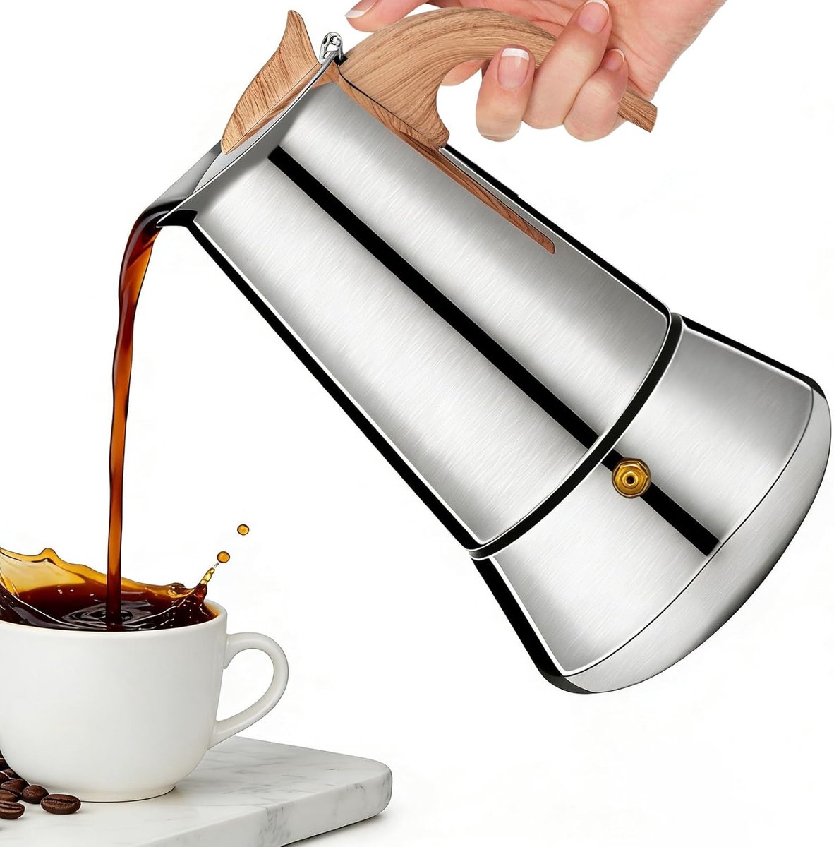 Moka Roestvrijstalen Zilver, 300 ml, 6 kopjes, koffiezetapparaat van roestvrij staal met houten handvat, compatibel met gas-, vitrokeramische en campingoven