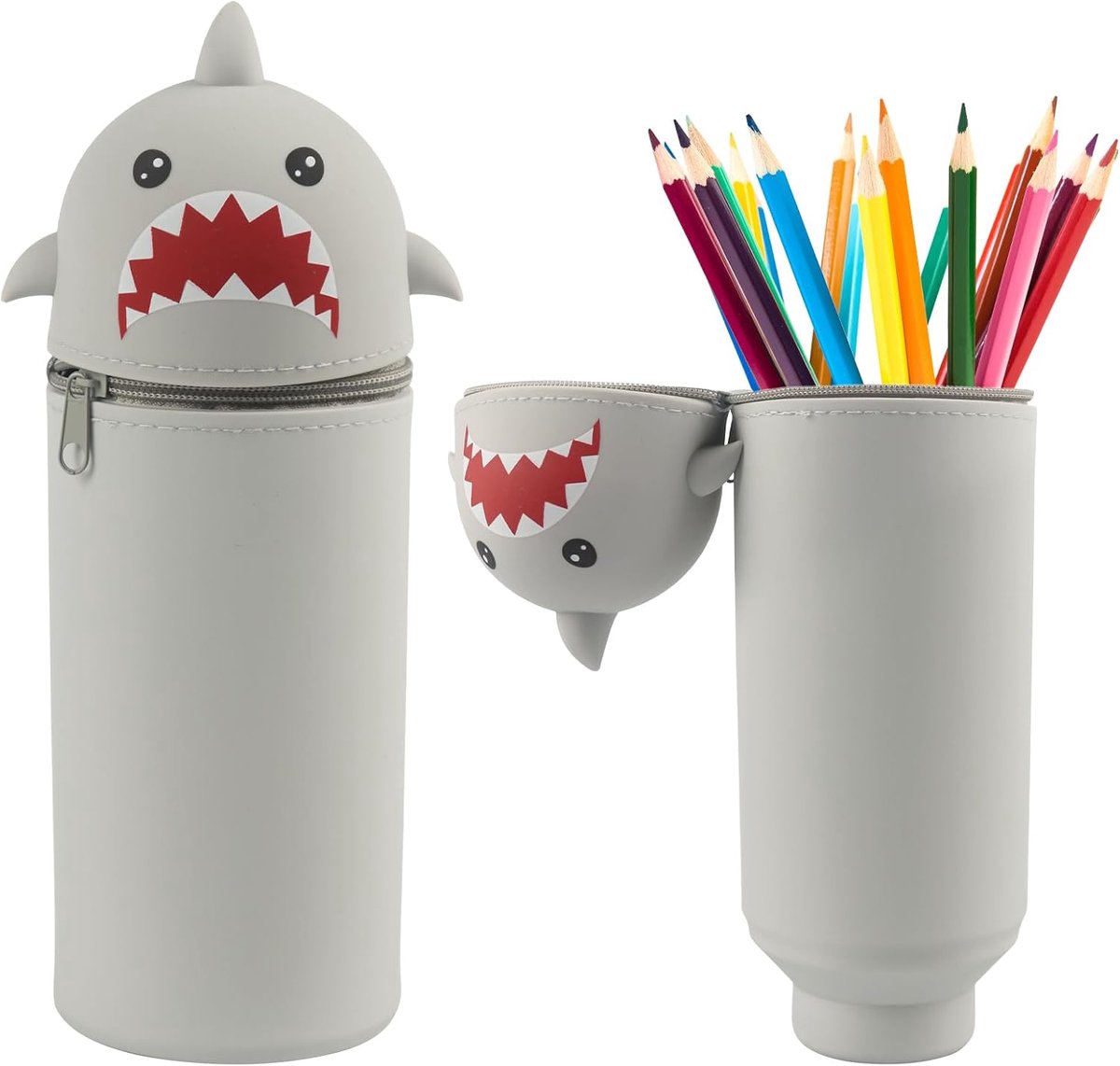 SnelShoppen - Kawaii Hai Pennenetui, 2-in-1 Cartoon Siliconen Potloodhouder, Stand-Up Pennenzak, Grijs, Draagbare Etui voor Studenten, Cadeau voor Jon
