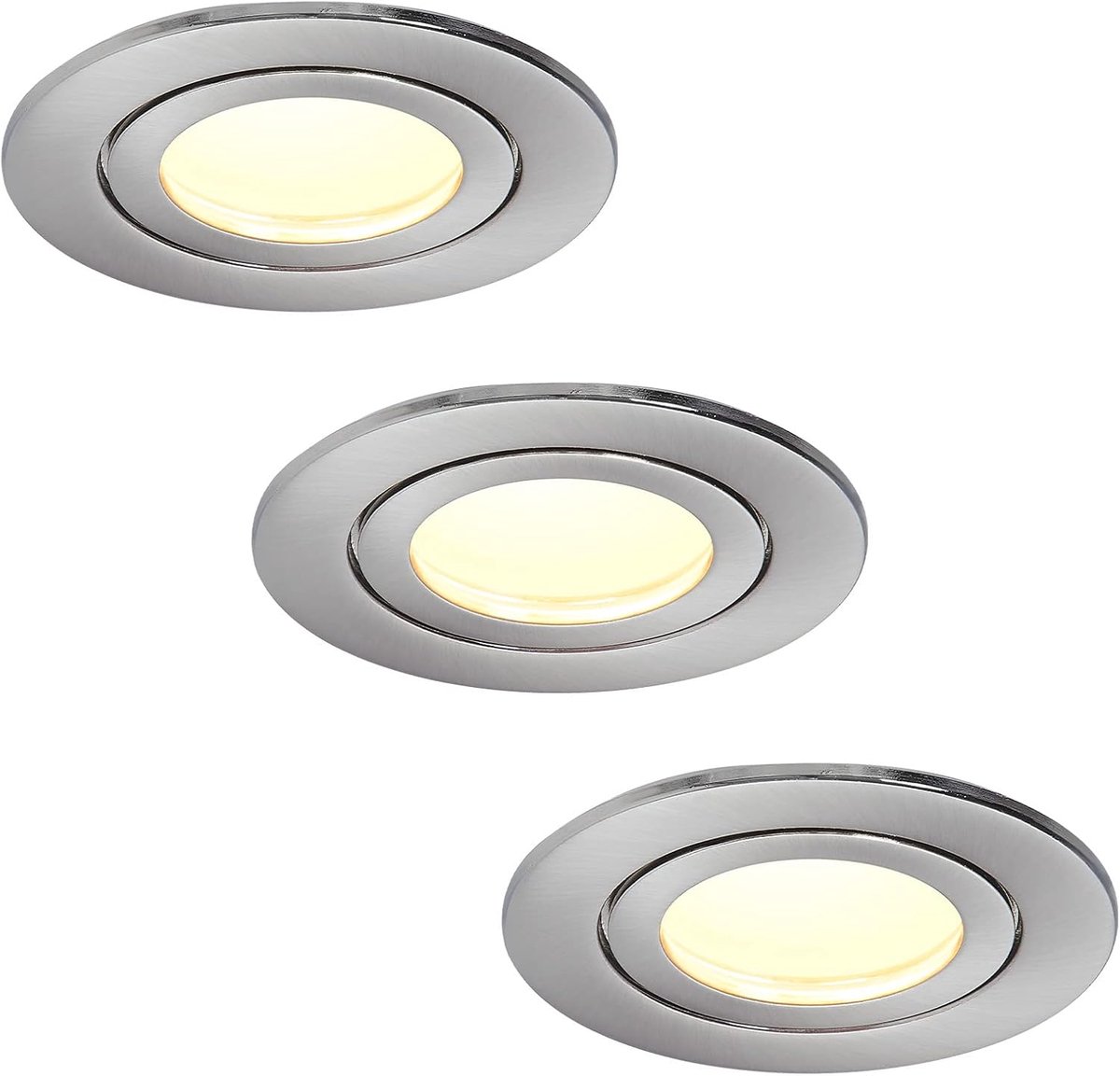 Set van 3 led-inbouwspots, geborsteld chroom, rond vlak, 5 watt, dimbaar, warm wit, 3000 K, 230 V, IP44, geschikt voor badkamer, keuken, sauna, buiten, diameter 65-75 mm boorgat, 120°