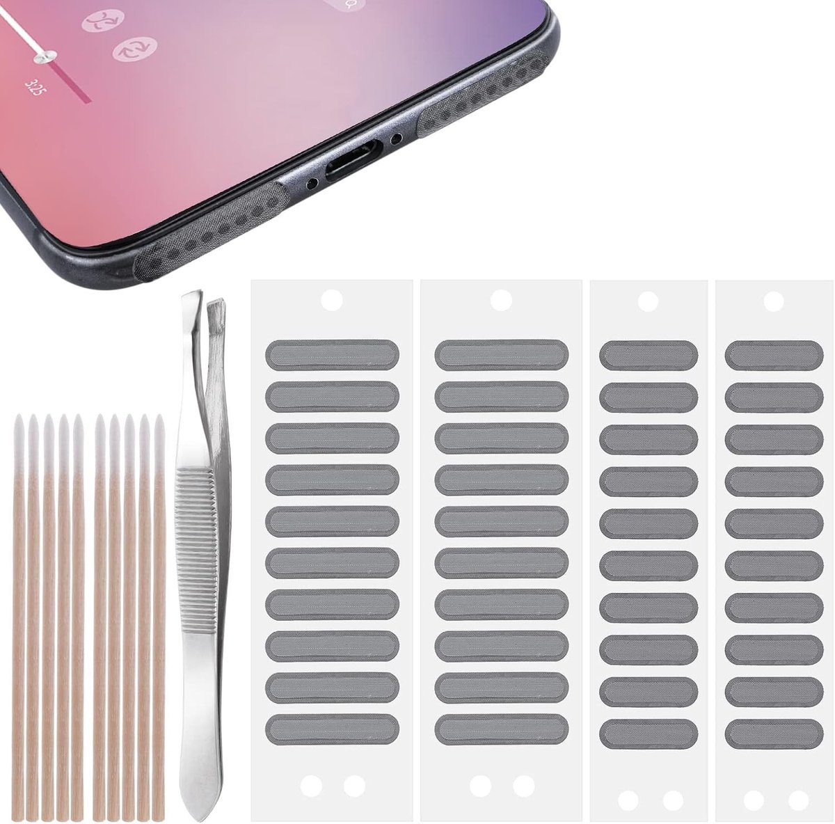 Phone Speaker Beschermende Stickers Set - 51 Stuks Anti-Dust Zelfklevende Stickers voor Telefoonluidsprekers met Schoonmaakstaafjes en Pincet - Zwart, Geluidskwaliteit, Bescherming, Onderhoud