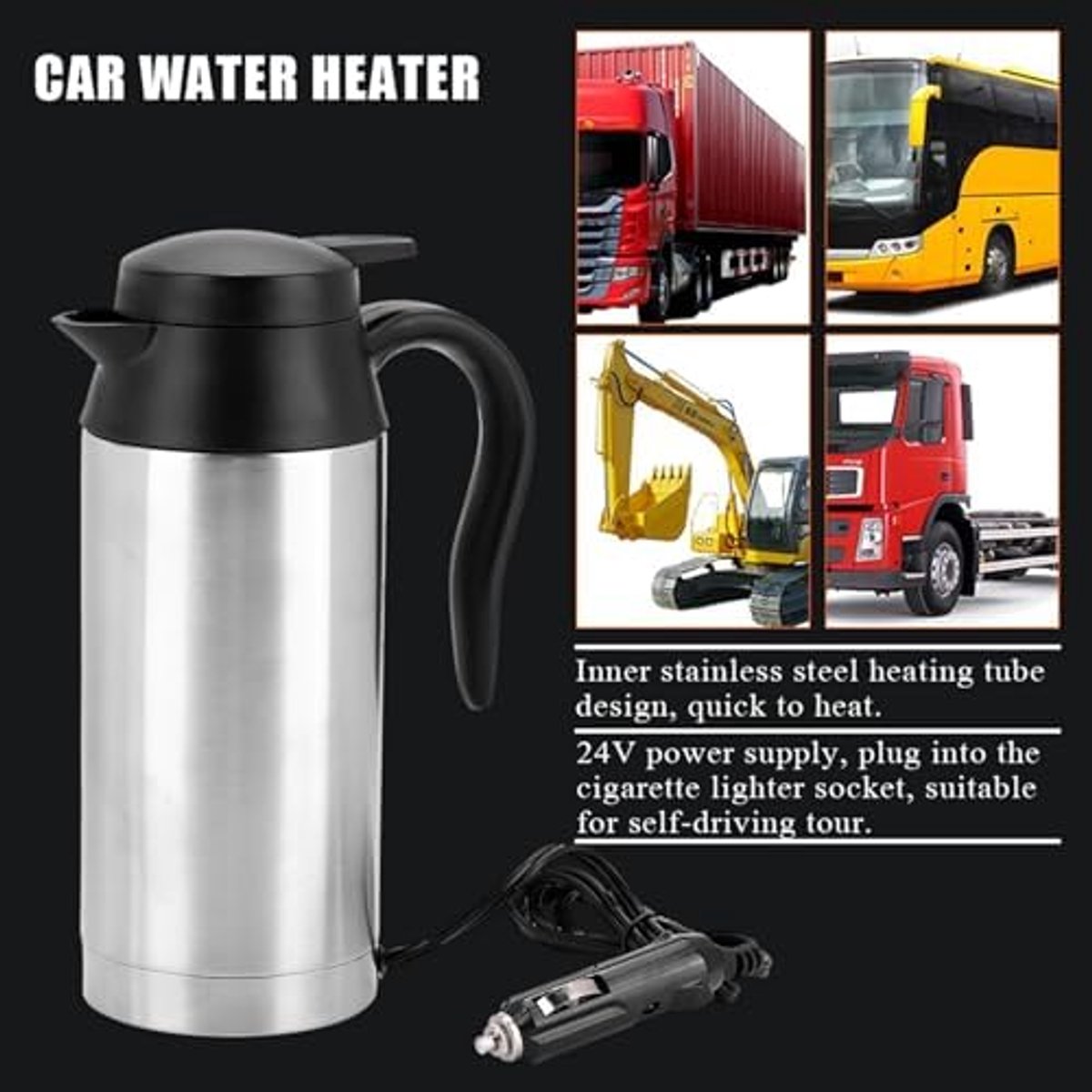 24V Reisauto Vrachtwagen Kettel, 750 Ml Capaciteit Elektrische Boiler Fles Roestvrijstalen Draagbare Waterketel met Automatisch Uitgeschakeld voor Thee Koffie Drinken