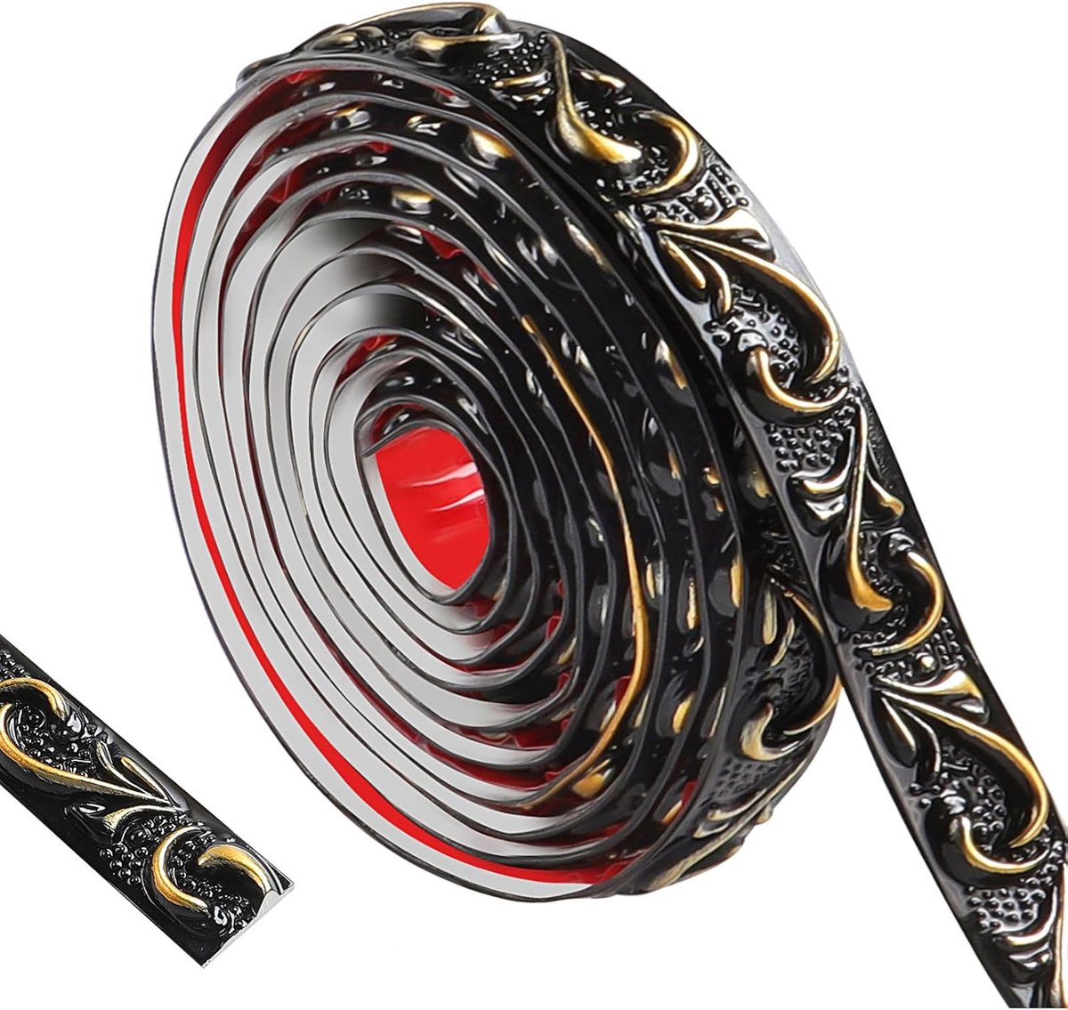300 cm flexibele plafondlijst - zelfklevende behangrand, waterdichte sierlijst 3D vintage patroon, peel and stick wandrand voor huisdecoratie (zwart met goud-2cm)
