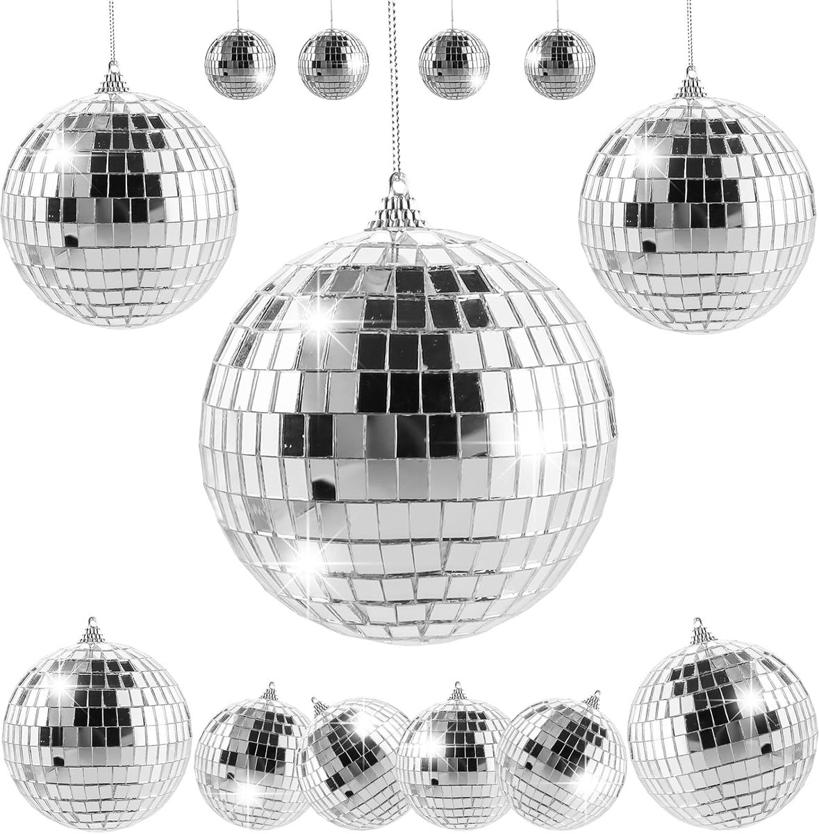 13 stuks spiegelballen, zilver, discobal, hangbal, spiegelbal, mini-discobal voor kerstboomdecoratie, lichteffect, bruiloft, thuis, feest (10/7/5/3/2 cm)