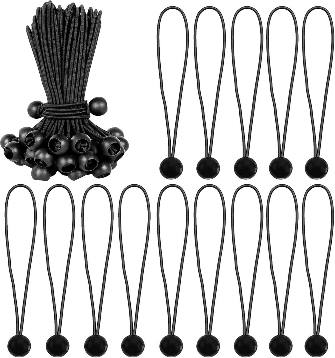 Spanrubbers met bal, 50 stuks zeilspanners, zwarte spanrubbers, met kleine ronde bol, zonnezeil, spanner, voor het bevestigen van dekzeilen, banners, tenten
