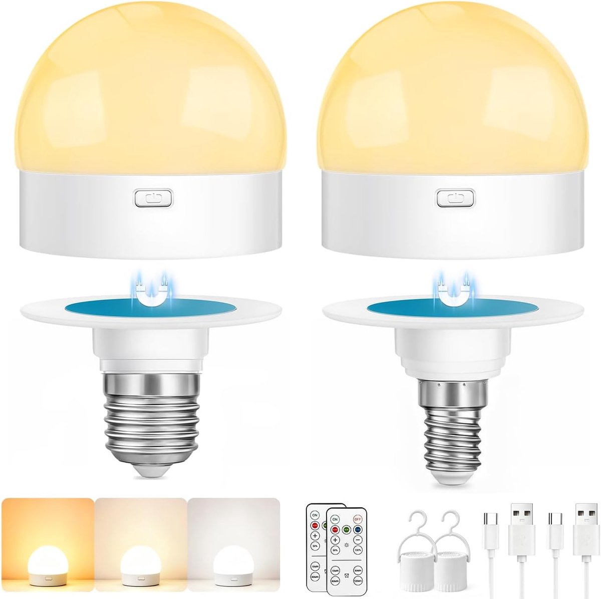 gloeilamp met afstandsbediening, ledlamp E14/E27, dimbaar, met timerfunctie, 3 kleurtemperaturen, met magneetvoet voor thuisgebruik, noodlicht met haak, 2 stuks