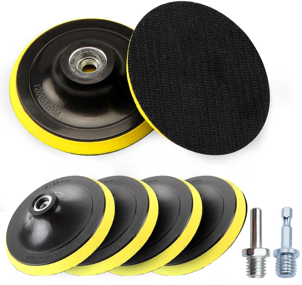Set van 6 Schuurdiscs 125 mm Schuurpapier voor Excenterschuurmachine, Haakse Slijper en Boormachine met M14 Adapter en Mandrel voor Eccentrisch Schuren