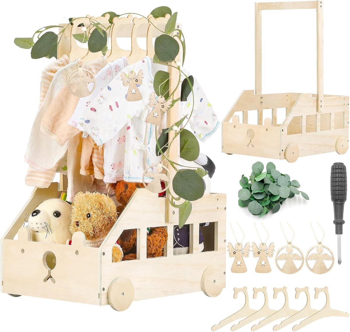 cadeau met, houten babymand met houten wielen, handvat babyborrenkast, praktische houten kist voor babyshower met 5 poppenkleerhangers (barbit)