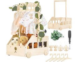 cadeau met, houten babymand met houten wielen, handvat babyborrenkast, praktische houten kist voor babyshower met 5 poppenkleerhangers (barbit)