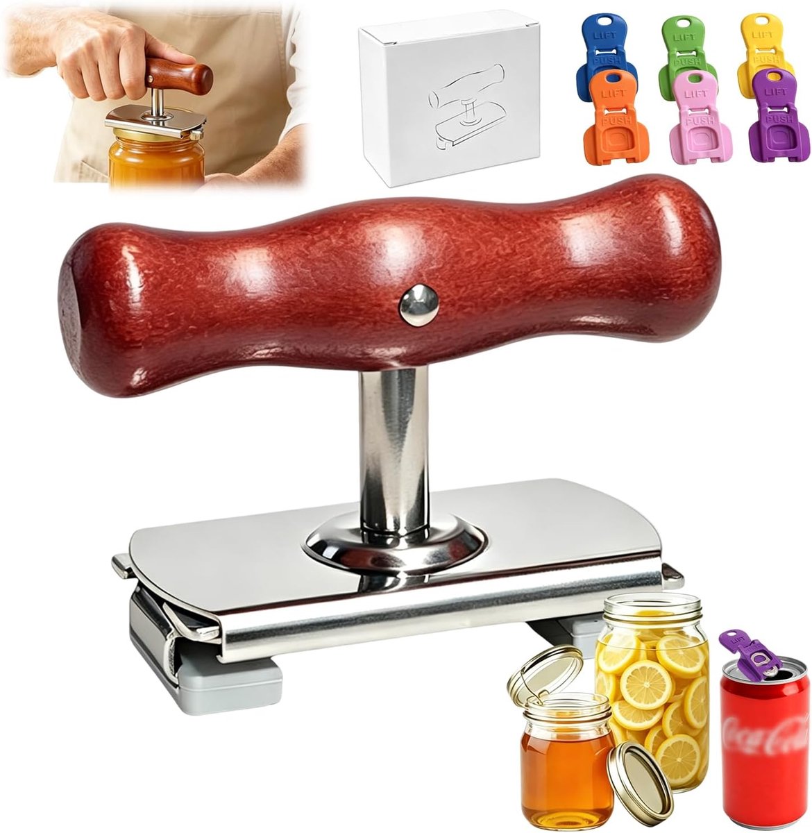 2026 Nieuwe blikopener voor senioren met zwakke handkracht, verstelbare multifunctionele flesopener met houten handvat + 6 drankblikjes opener beschermend deksel, geschenken voor senioren, vrouwen en