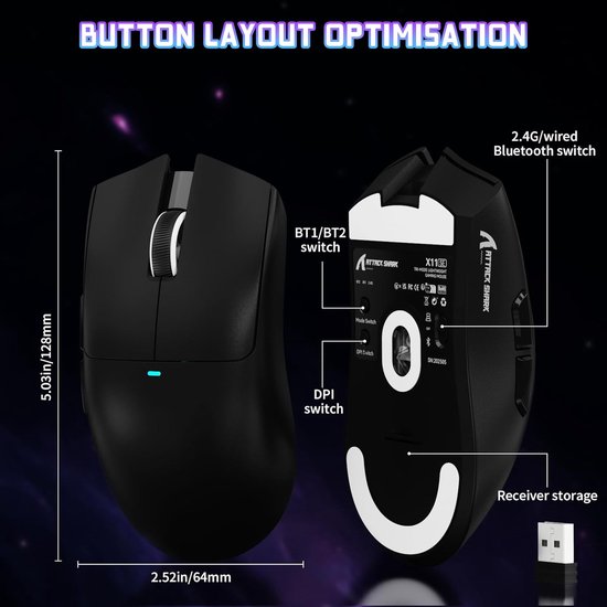 SHARK X11 SE Draadloze Gaming Muis, PixArt PAW3311 Gaming Sensor, BT/2.4G Draadloos/Bedraad, 22000 DPI, 65 Uur Batterij, Kantoor- en Muis voor Win11/Xbox/PS/Mac (Zwart) van shark — afbeelding 2