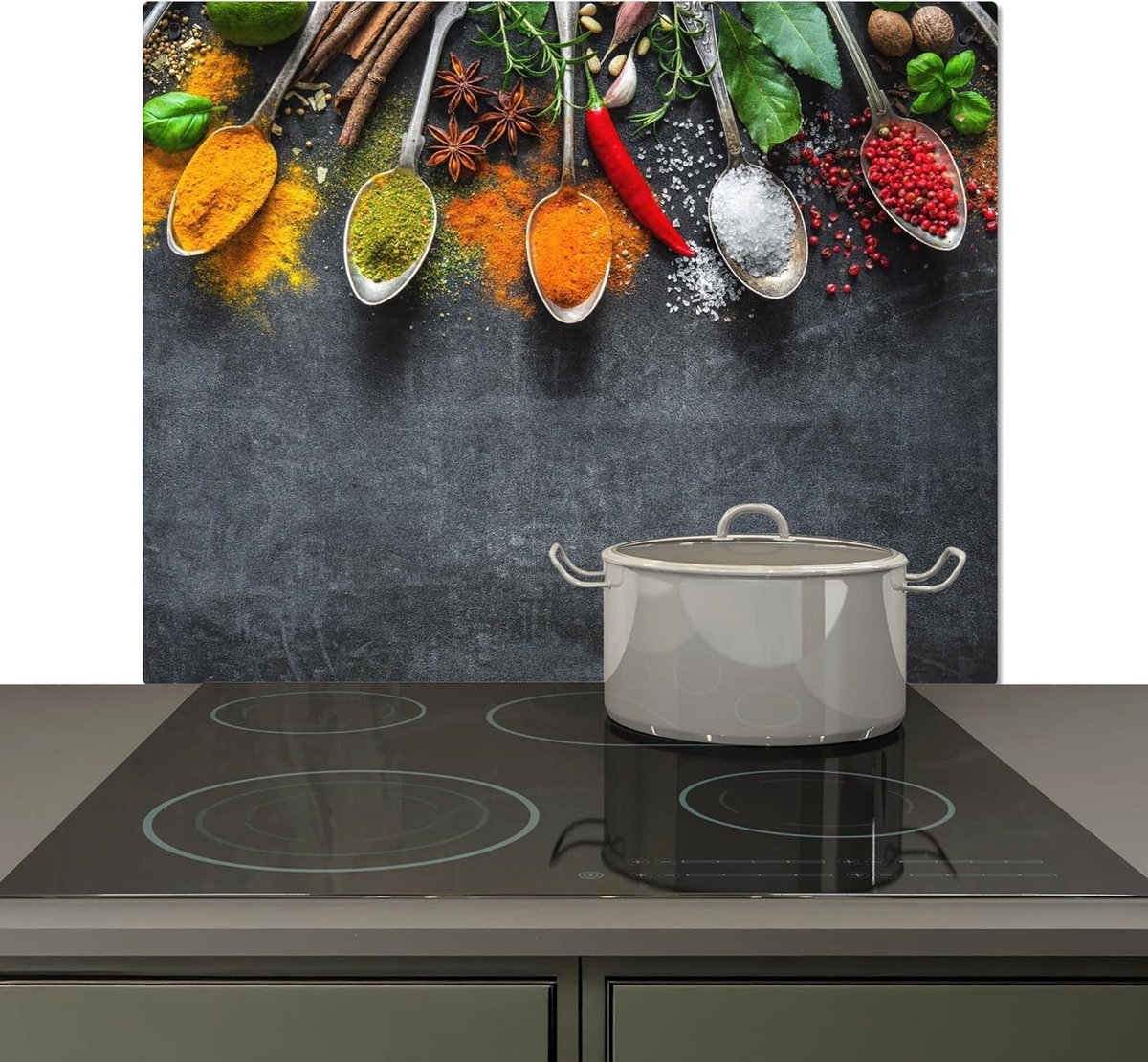 Spatscherm Keuken 51x59 cm Kookplaat Achterwand Beschermer Muur Spatwand Fornuis Aluminium Hittebestendig - Beton - Kruiden - Lepels
