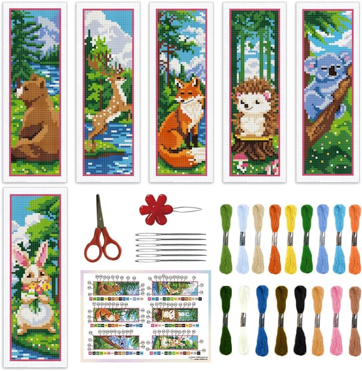 Bosdieren, kruissteek, boekenlegger, set van 6 stuks, voor beginners, dieren, moderne gestempelde kruissteekkits met instructies voor volwassenen, bladwijzers, liefhebbers