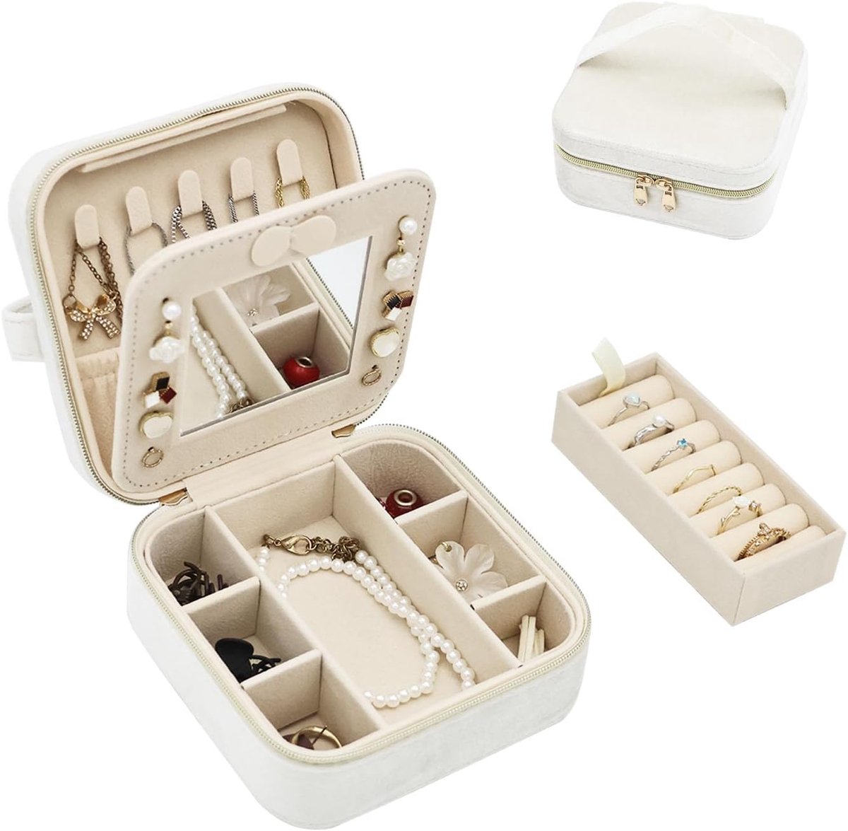 Reisjuwelendoos voor Vrouwen, Kleine Juwelenorganizer met Spiegel, Kleine Juwelenbox/organizer voor Meisjes, Juwelendoos voor Ringen, Oorbellen, Kettingen, Armbanden (Beige)
