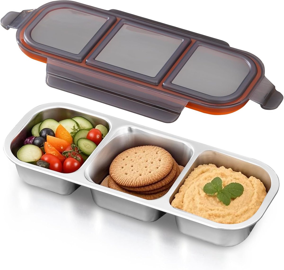 Lunchbox, roestvrij staal, luchtdicht, 3 vakken, waterdicht, oven/vaatwasser, Meal Prep, broodtrommel (zwart, 600 ml)