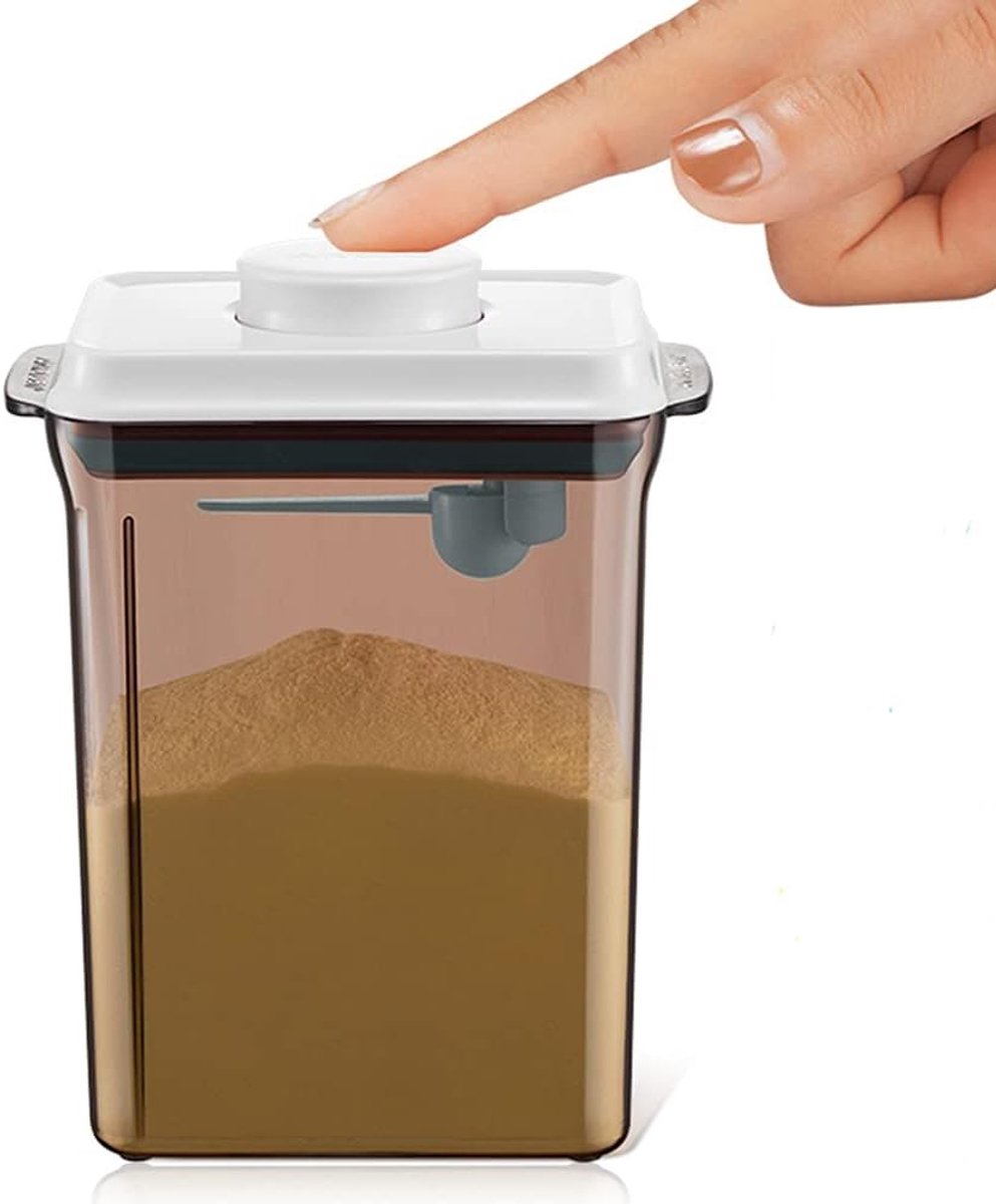 2,3 l, luchtdichte melkpoederdispenser, draagbare melkpoederdoos, melkpoedercontainer met lepel, bediening met één hand, anti-uv, afneembaar, voor het bewaren van babymelkpoeder (bruin)