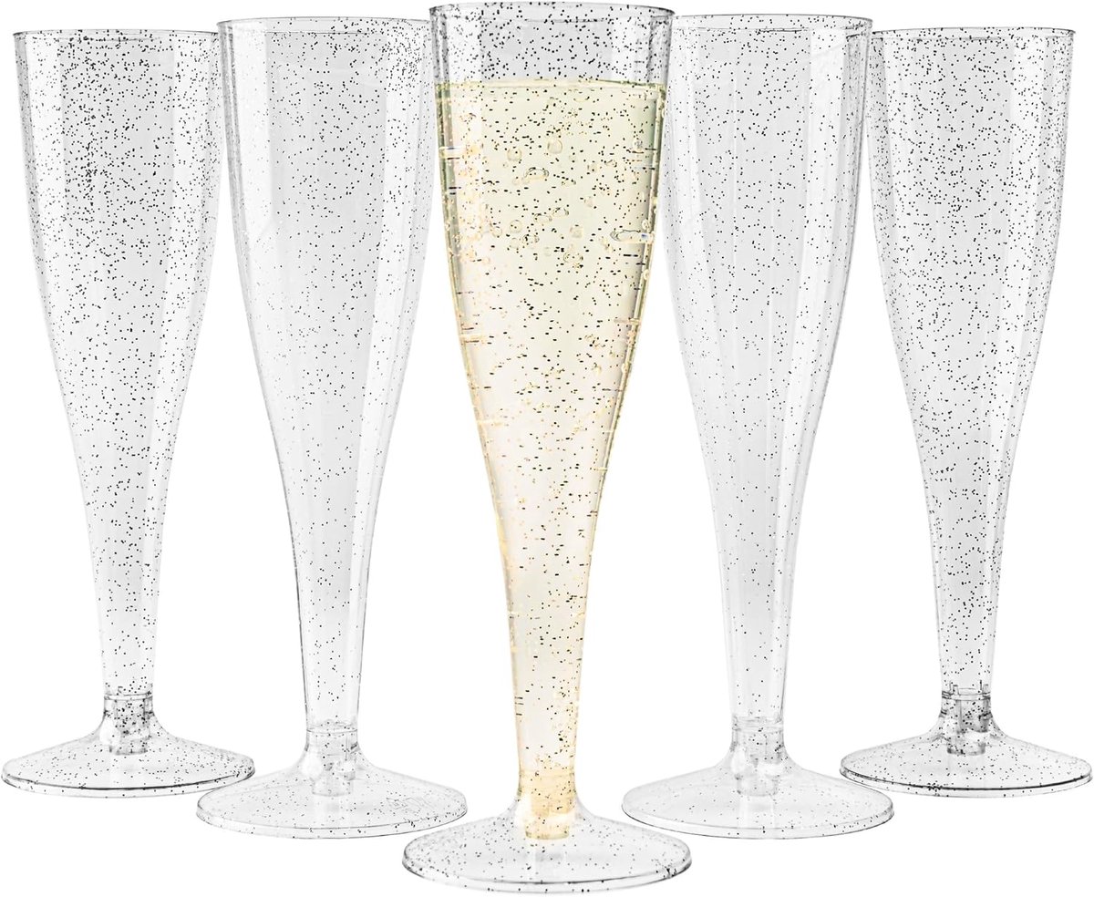 Champagneglazen med Zilveren Glitter voor Bruiloften, Verjaardagen, Kerst & Feesten, 133ml - Elegant, Stevig & Herbruikbaar