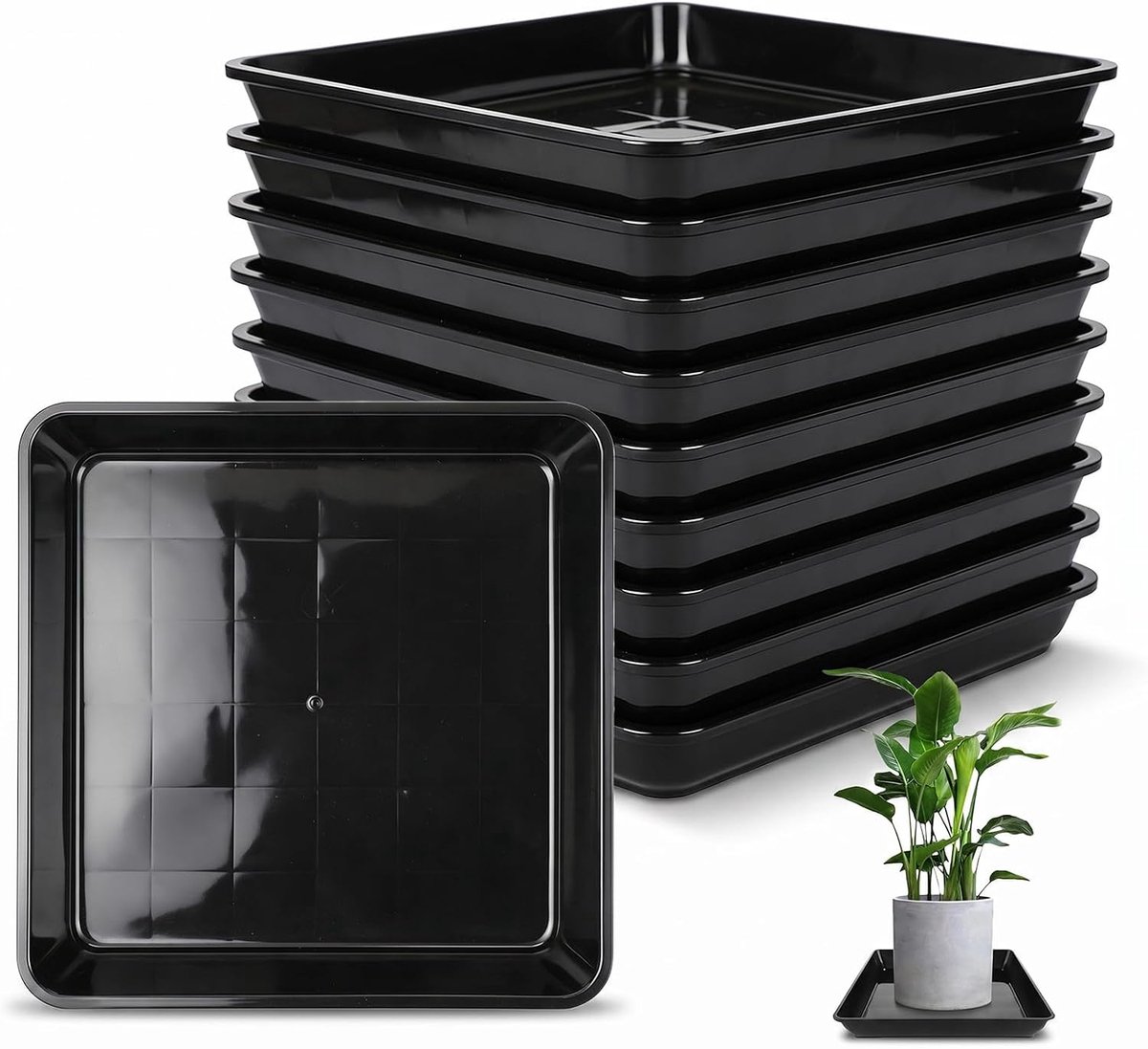10 stuks onderzetters voor bloempot, vierkant, 25 x 25 cm, plantenonderzetters van kunststof, vierkante plantenonderzetters voor buiten en binnen, plantenbak, robuust en duurzaam, zwart