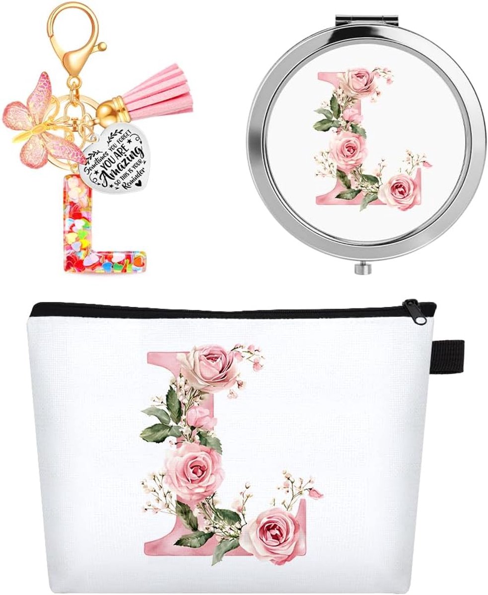 SnelShoppen - Gepersonaliseerde Make-up Tas met Initialen, Make-up Tas met Spiegel, Motivatie Sleutelhanger, A–Z Initialen, Perfect Cadeau voor Meisje