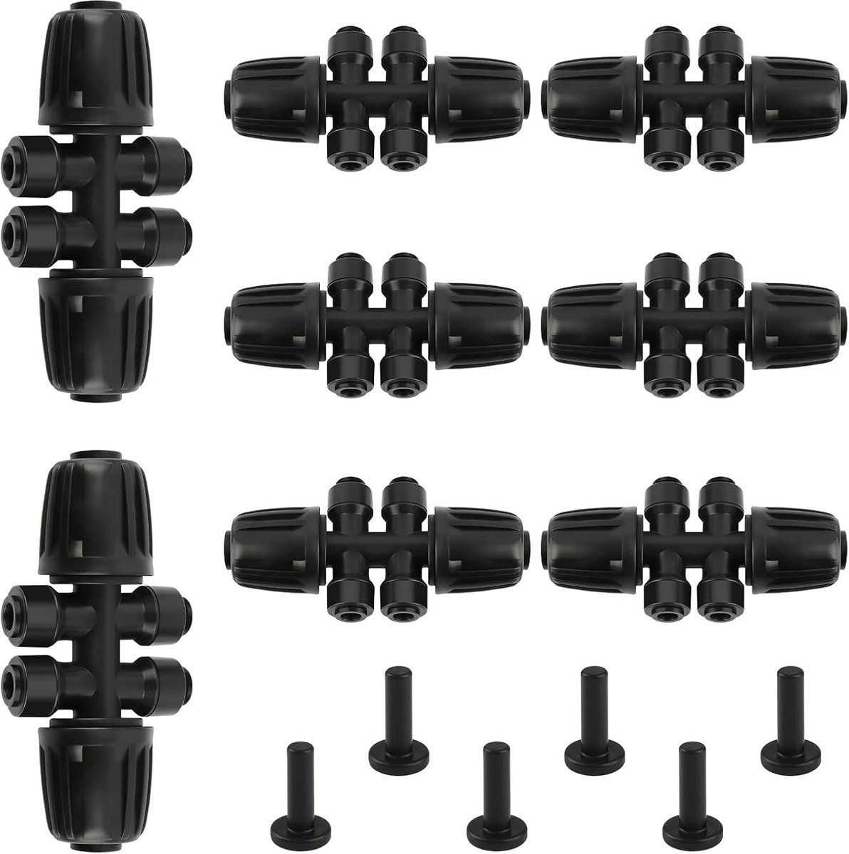 8 stuks barbecue-thee-aansluiting, barbecue-irrigatieconnector voor 1/2 inch tot 1/4 inch met 6 doppen, 6-weg verbindingsstukken met spikes voor buizen van 12/16 mm tot 4/7 mm
