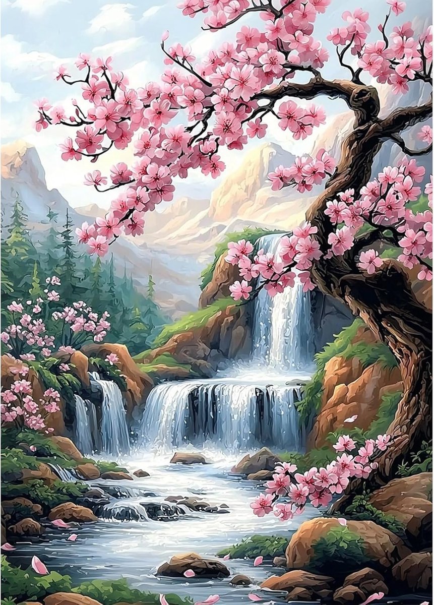 Kersenbloesems Diamond Art Kits Volwassenen, 5D DIY Watervallen Diamond Painting Kit, Volledige Boor Edelsteen Kunst en Ambachten voor Volwassenen voor Thuis Wanddecoratie 30x40 cm