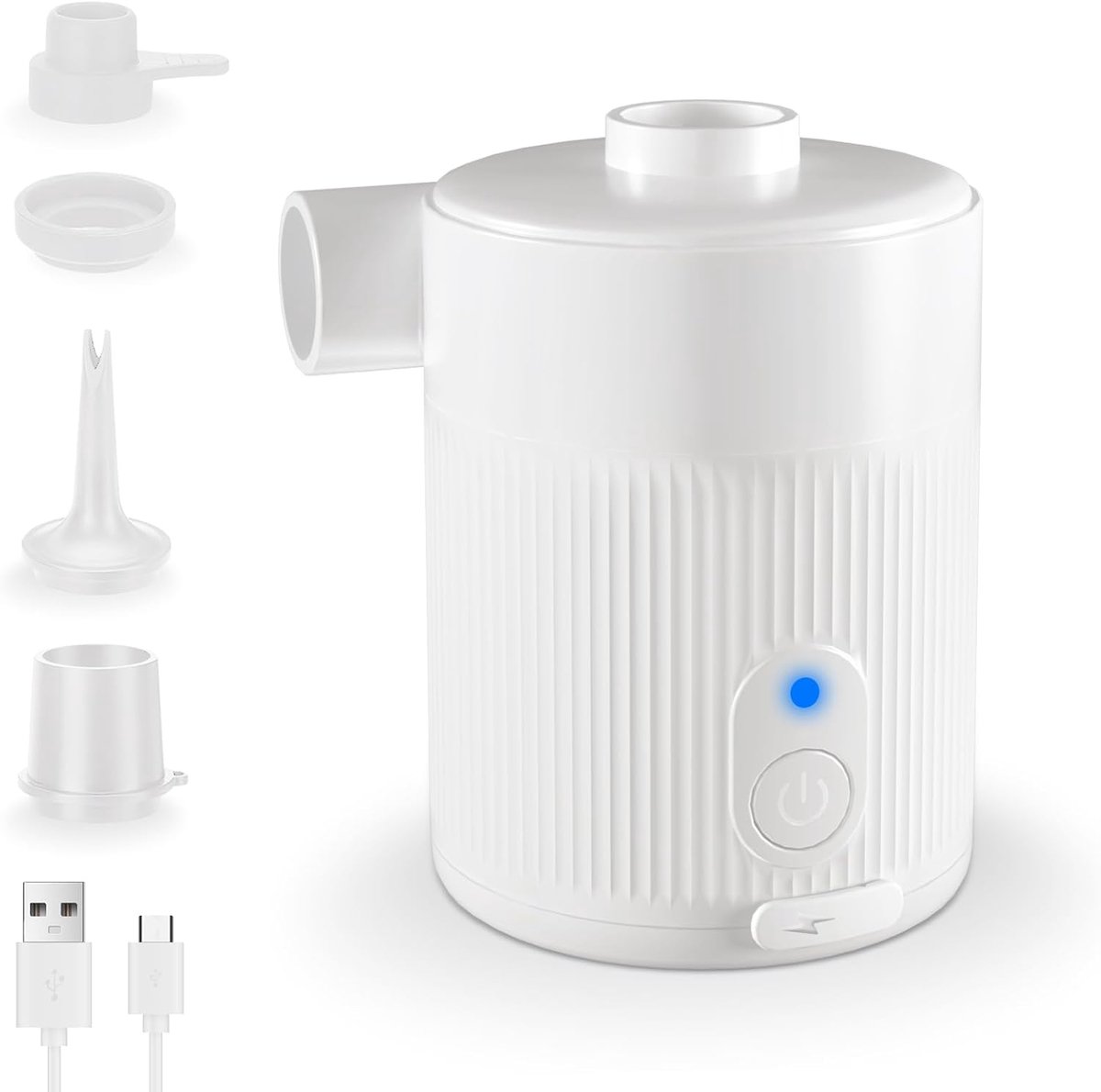 Elektrische luchtpomp voor opblaasbare producten, 2-in-1 snel opblazen en deflatie met verlengd mondstuk (stabiele luchtstroom) | 4 sproeiers + opbergtas voor luchtbed, zwembad |