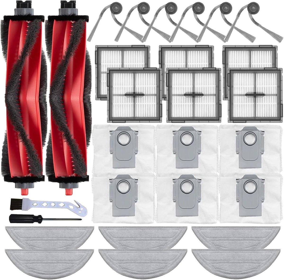 28-delige accessoireset voor Roborock Q10 S5+ robotstofzuiger | 2 hoofdborstels, 6 zijborstels, 6 dweilpads, 6 stofzakken, 6 HEPA-filters en 2 reinigingsopzetstukken