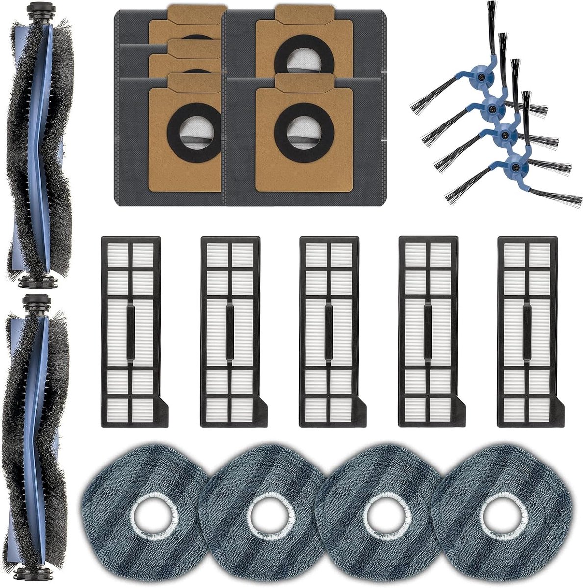 (20 stuks) X10 Pro Omni Vervangende Onderdelen Accessoires Kit voor Eufy X10 Pro Omni Robotstofzuiger, 2 Rolborstels, 4 Zijborstels, 5 Stofzakken, 5 HEPA-filters, 4 Dweilpads