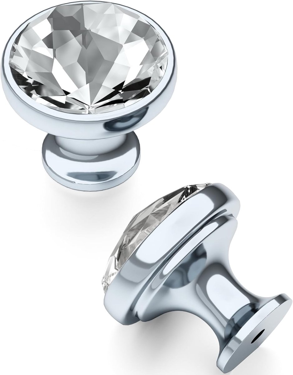 10 stuks kristallen kastknoppen met 2 maten schroeven, 34,2 mm ladehandgrepen, elegante heldere diamant chroom, zilver enkel gat voor keukenkasten, ladekast, kast, Wardorbe