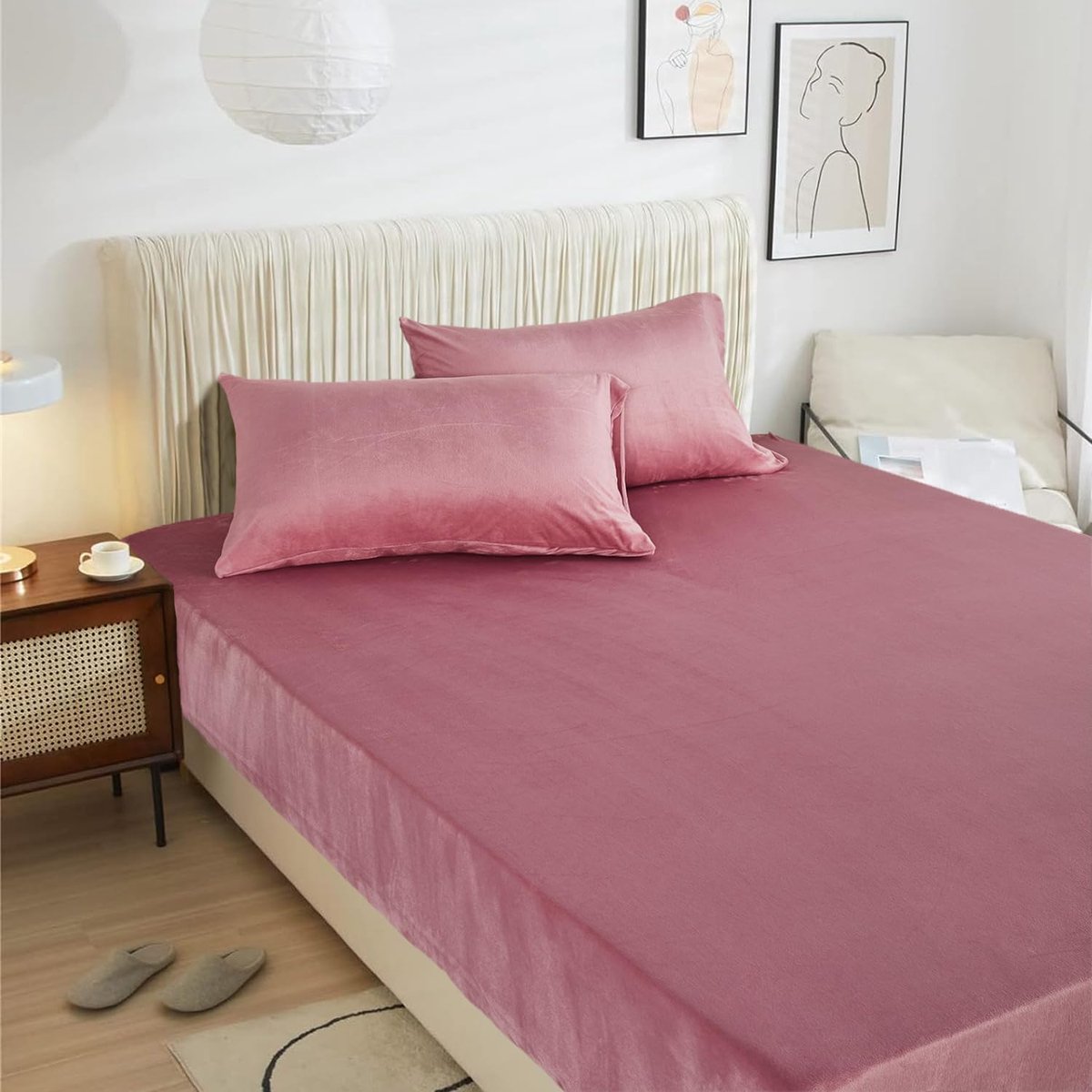 Hoeslaken, 180 x 200 cm, winter, oudroze-roze, effen, pluche, warm, behaaglijk, bedlaken voor boxspring, badstof, voor hoog matras van 25-30 cm