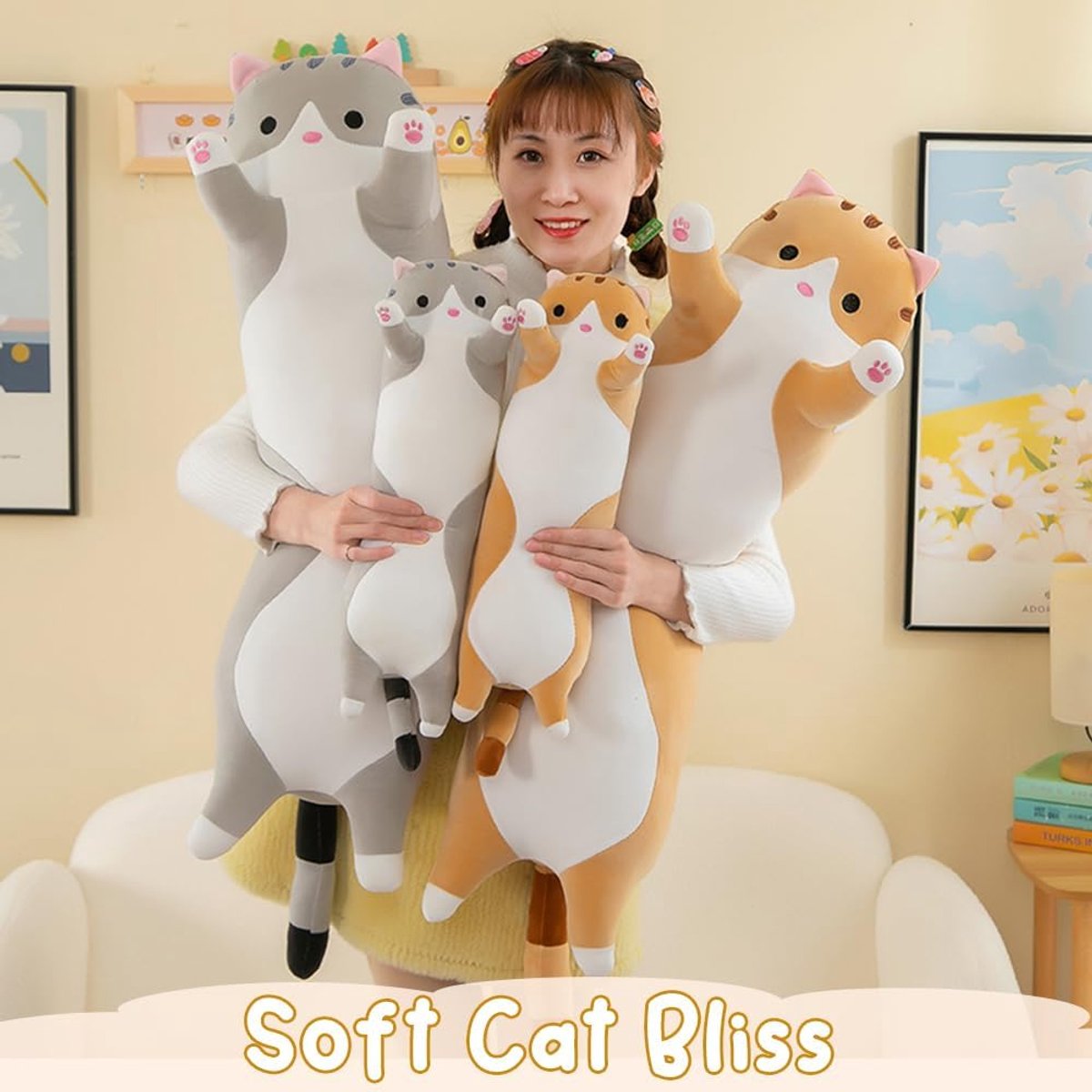 Pluche lang kussen, pluche kat, Kawaii reusachtige zachte omarmingskussen, speelgoed, cadeau voor kinderen en volwassenen, 1 stuk, oranje, 130 cm