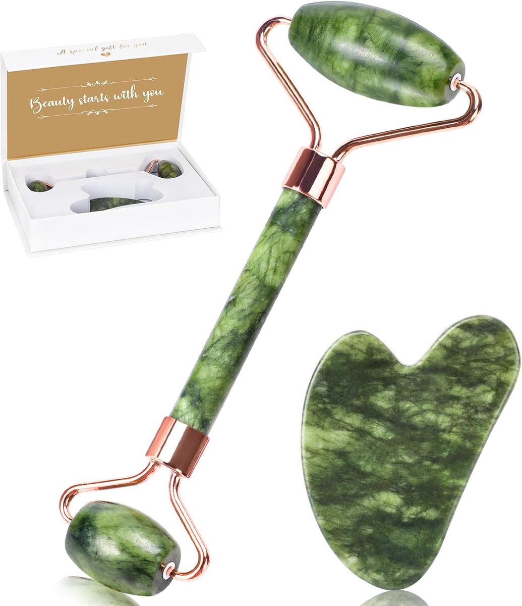 Natuurlijk Groene Jade Gua Sha Tool, voor Nek en Lichaam Gua Sha Steen, voor het Verminderen van Zwellingen en het Verbeteren van de Kaaklijn met Gebruikershandleiding, Cadeau voor Vrouwen