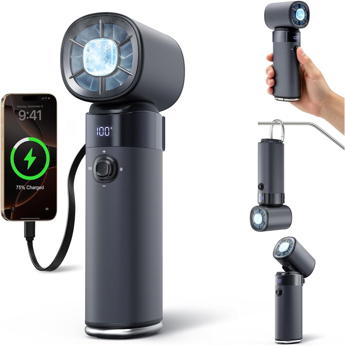 yAyusi Draagbare Oplaadbare Handventilator,10000mAh Multifunctionele Krachtige Handventilator met IJskoelingsfunctie,Turbo Handventilator met Type-COpladen,0-100 Instelbare Standen voor Reizen/Kantoor