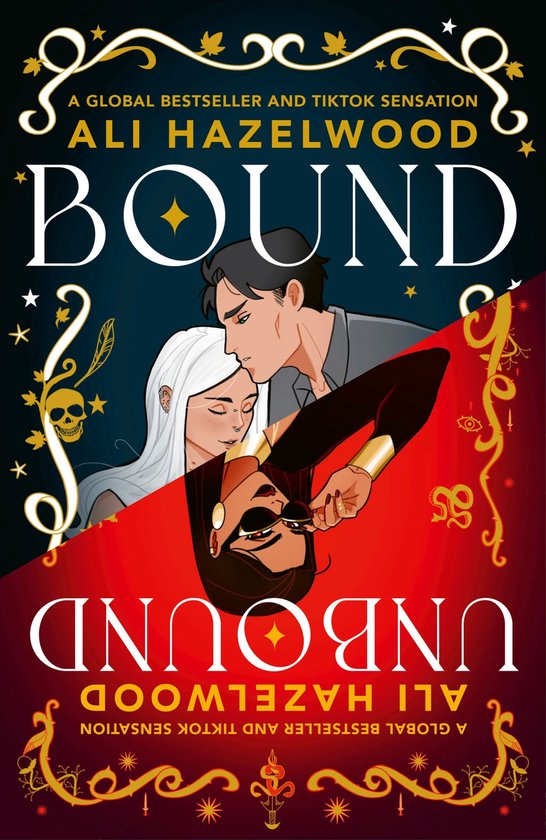 Boekomslag met de titel "Bound and Unbound", met illustraties van twee personen en sierlijke gouden ornamenten.