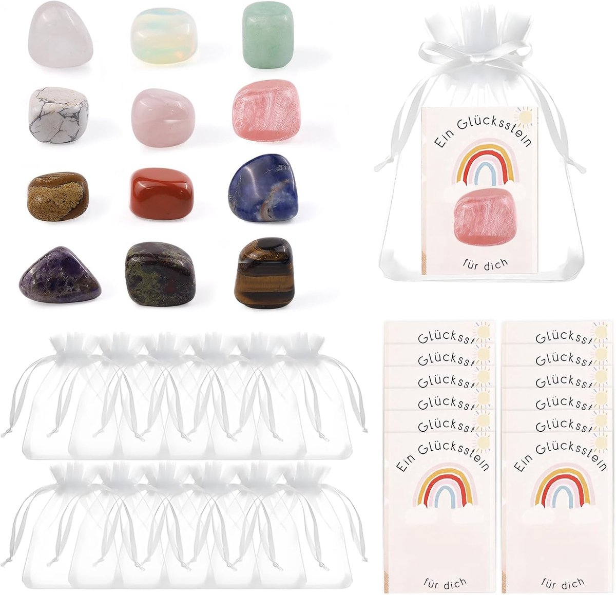 12 x kaboutersteen, kleurrijke edelstenen voor kinderen, met wenskaart en organza zakje, adventskalender edelstenen - ShopVlot