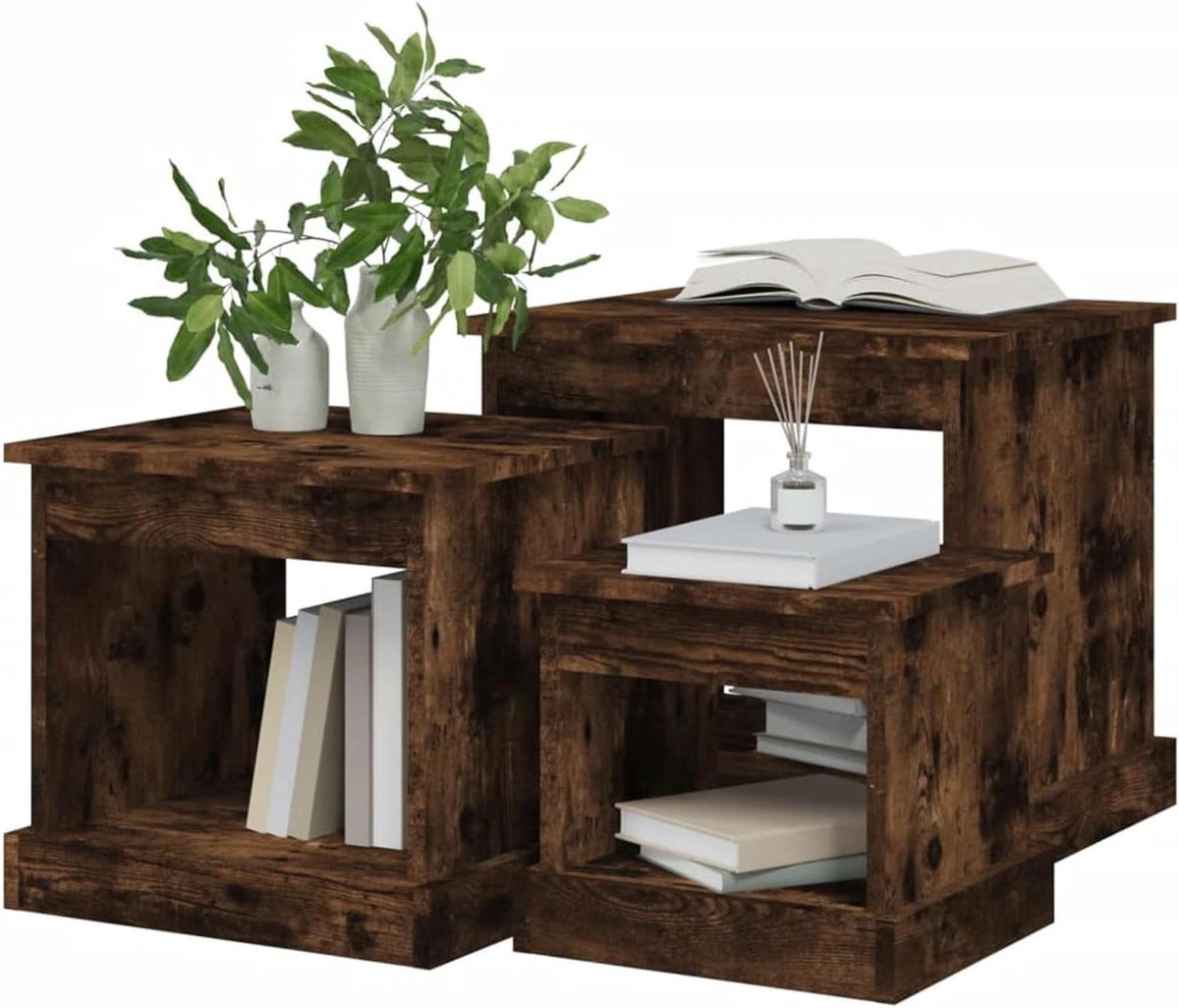 Salontafels Set - Bijzettafels Nachtkastjes - Woonkamer Inrichten - Set van Drie Maten - 48x45x45cm - Rookeiken