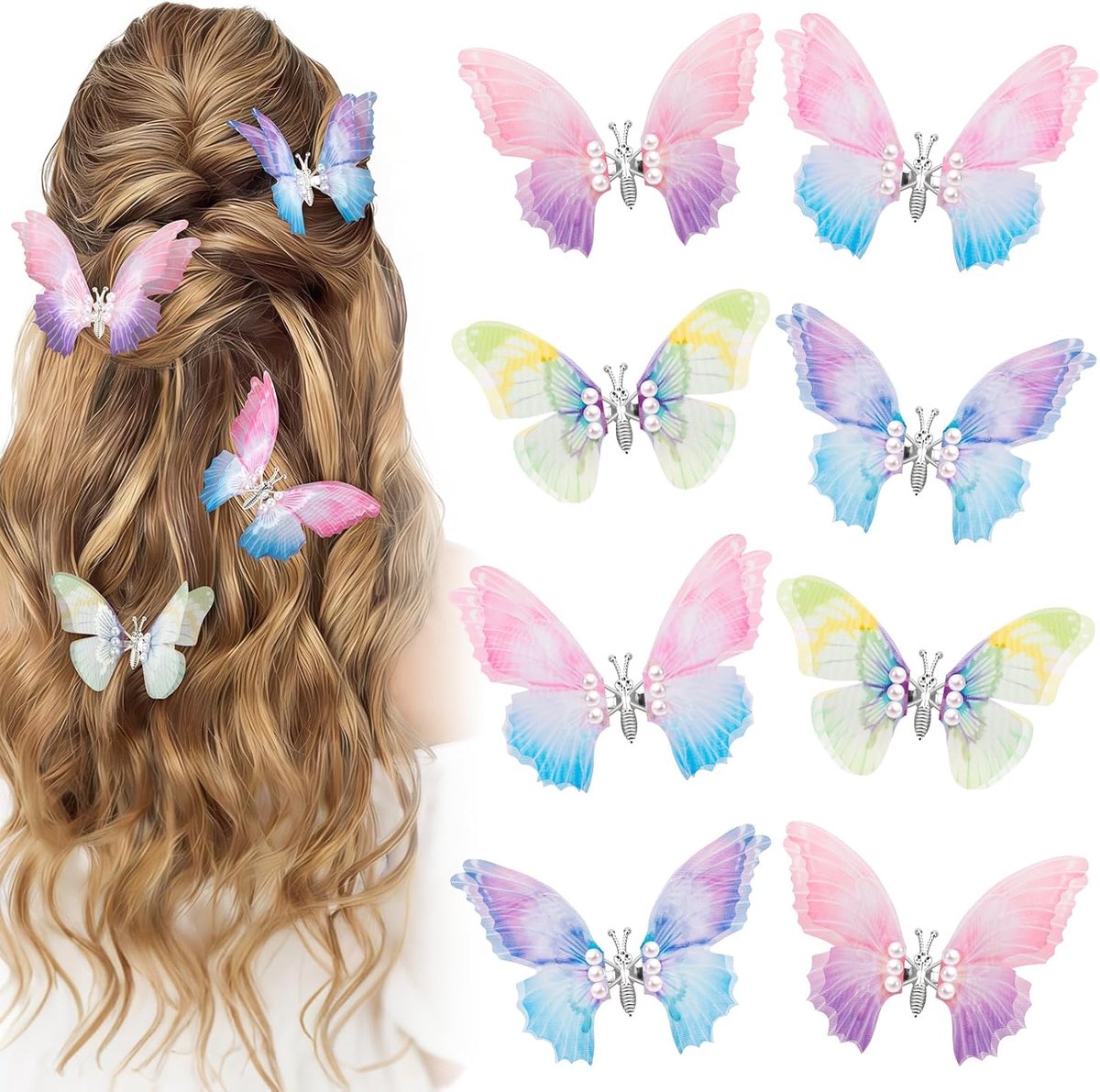 SnelShoppen - 8 Stuks Glitter Vlinder Haarspelden - 3D Decoratie Haarclips voor Meisjes, Vrouwen en Kinderen - Perfect voor Feest en Bruiloft - Lichtg