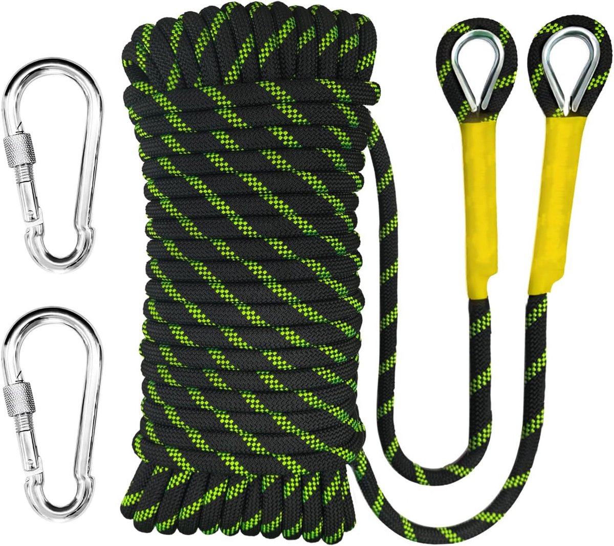 SnelShoppen - 40m Statisch Klimtouw 8mm met 2 Karabijnhaken, Hoogsterkte Nylon, Slijtvast, UV-bestendig, Fluorescerend Zwart, Perfect voor Kamperen en