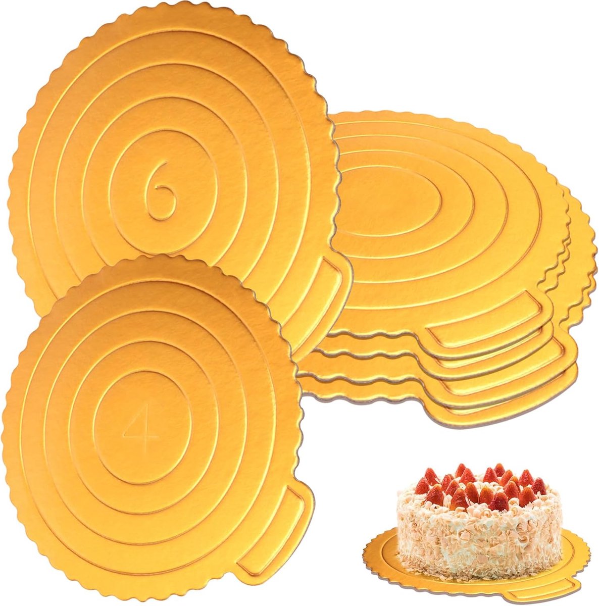6 stuks taartplateaus karton met een handvat, Ø 16 cm + 19 cm gouden taartbodem, taartonderlegger rond, taartbord - ShopVlot