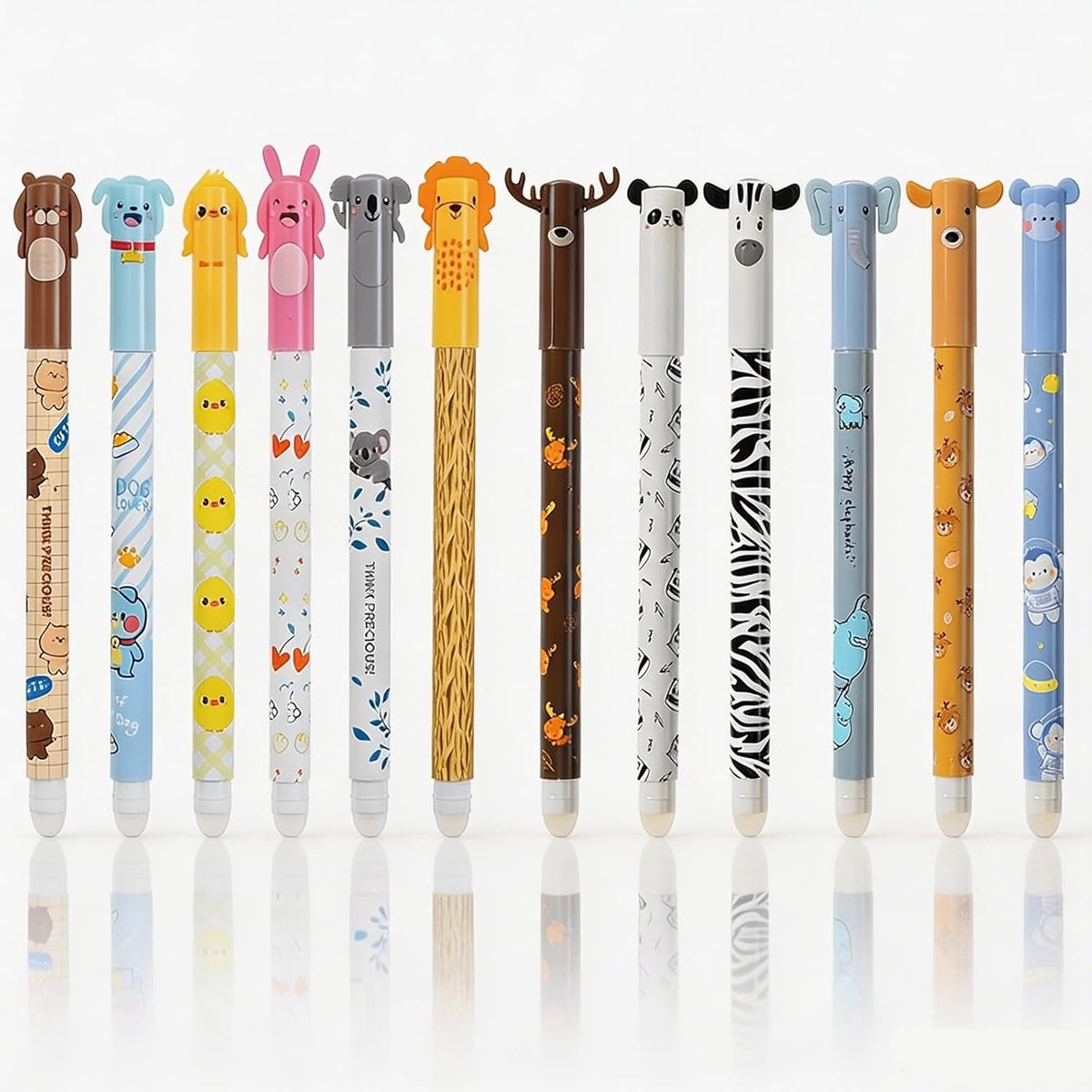 SnelShoppen - Uitwisbare balpen set 0,5 mm met schattige diermotieven, 12 gelpennen in zwart en blauw, thermogevoelige guminkt voor school en kantoor
