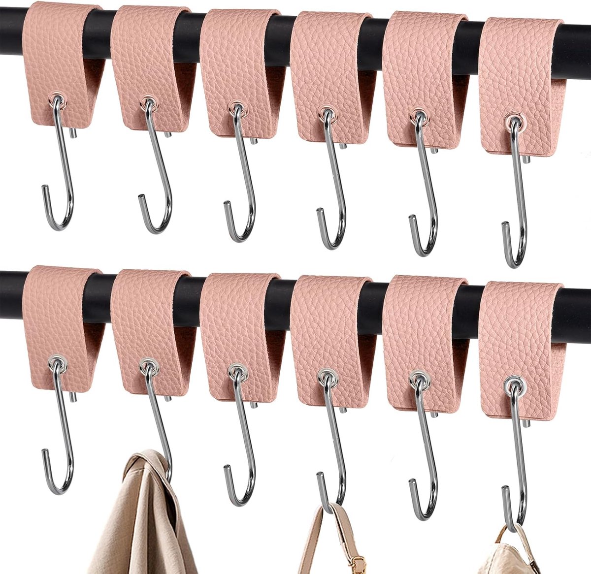 SnelShoppen - 12 stuks S-haken met leren gesp, multifunctionele campinghaken voor keuken, badkamer, slaapkamer en kantoor, roze, ideaal voor jassen, h