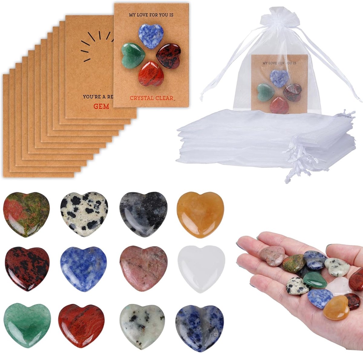 Geluksstenen set 12 stuks - met stoffen zakje en kaarten - perfect als gastgeschenk voor bruiloft of communie - SnelShoppen