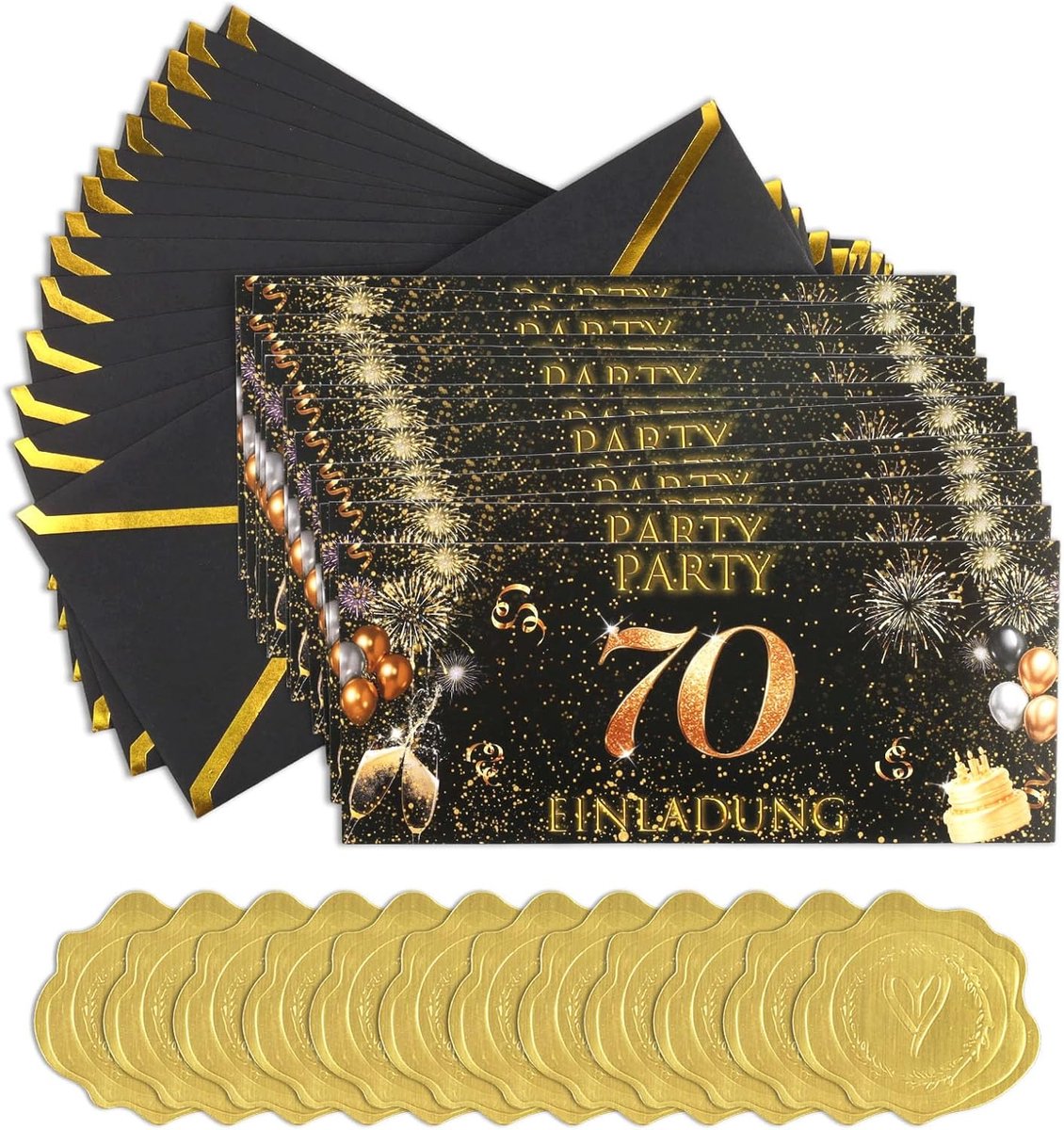 SnelShoppen - Uitnodigingskaarten 70e Verjaardag - 14 stuks Kaartenset 9 x 21 cm met Zwarte en Gouden Enveloppen - Jubileum Viering en Feest