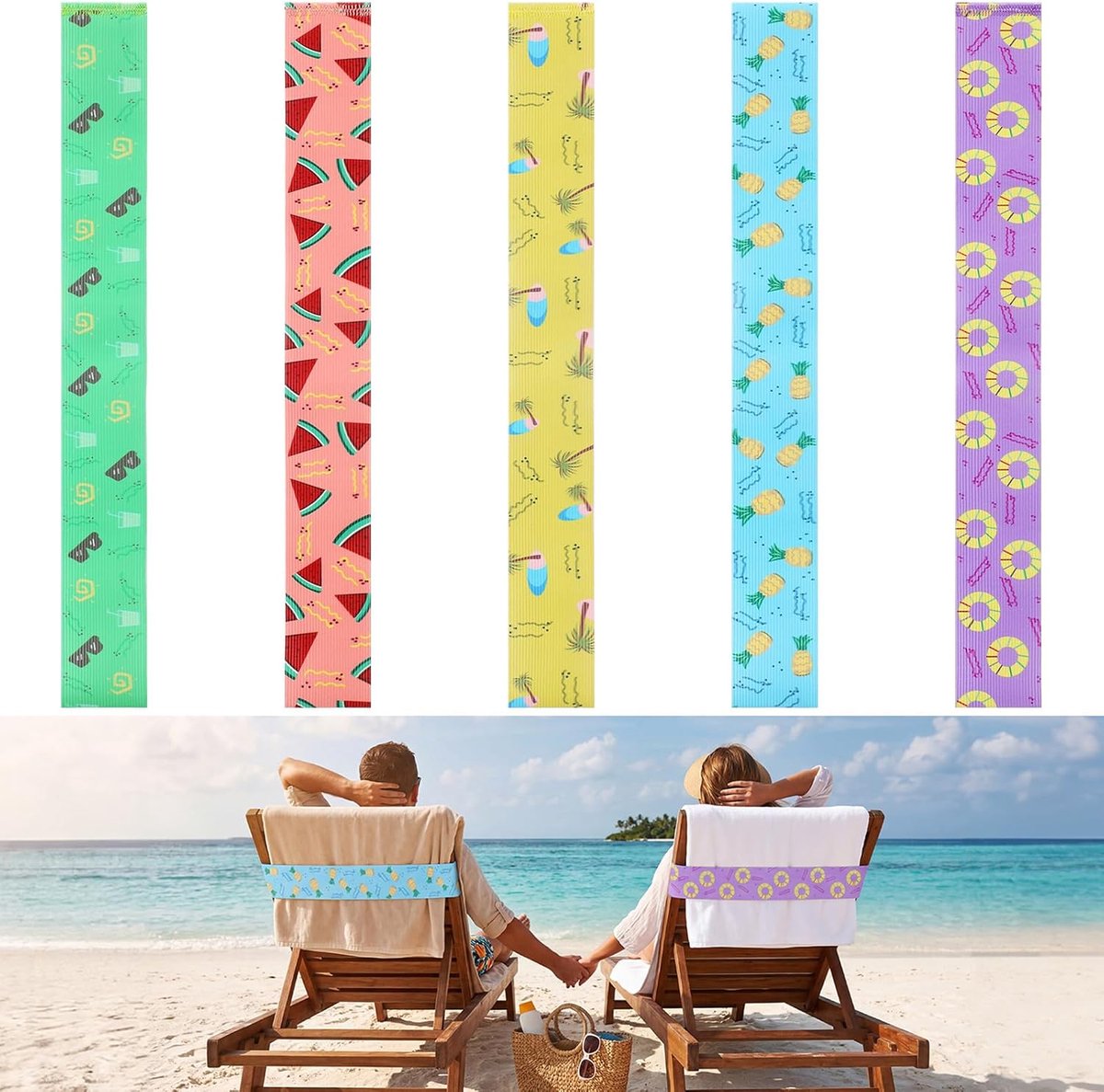 Handdoekbanden voor strandstoelen 5 stuks - rekbare handdoekclips - kleurrijk design - ideaal voor strand en zwembad - ShopVlot