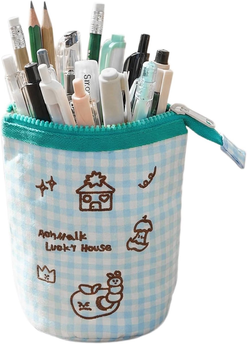 SnelShoppen - Schattig geborduurd etui met rits, verticaal flip etui, grote capaciteit, blauw, ideaal voor meisjes, tieners en liefhebbers van kantoor